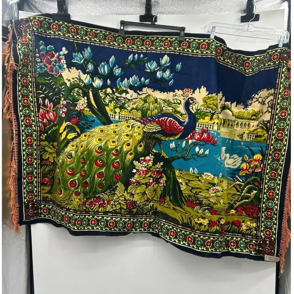 Turkish Peacock Tapestry 57x39 Corlu Turkey Wall Hanging Throw Floral Fringe